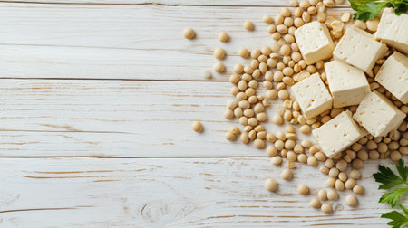 Delicious tofu pieces and soybeans on a white wooden table, with a blank area for text. Banner-ready.の素材
