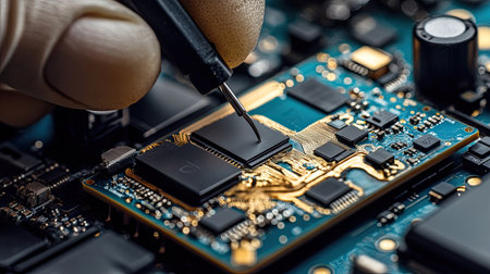 Detailed image of a smartphone's internal wiring being carefully adjusted by a technician, highlighting the complexity of mobile phone repairsの素材