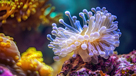 Detailed view of a bubble anemone with its unique bulb-like tentacles gently moving with the current, set against a vibrant coral backdropの素材