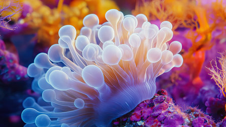 Detailed view of a bubble anemone with its unique bulb-like tentacles gently moving with the current, set against a vibrant coral backdropの素材