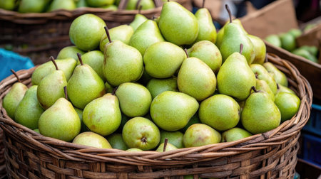 Depok, Indonesia - August 1st, 2024: A vibrant pile of green pears in a basket, fresh from the harvest and ready to be enjoyed.の素材