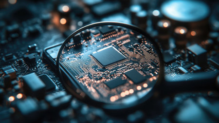 Detailed image of a smartphone circuit board being inspected under a magnifying glass, focusing on the delicate work involved in mobile repairsの素材