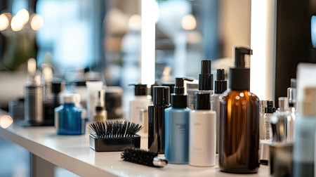 Different hair sprays and salon accessories like brushes and clips displayed on a table in a well-lit beauty salon.の素材