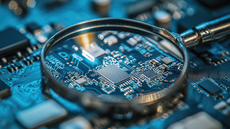 Detailed image of a smartphone circuit board being inspected under a magnifying glass, focusing on the delicate work involved in mobile repairsの素材