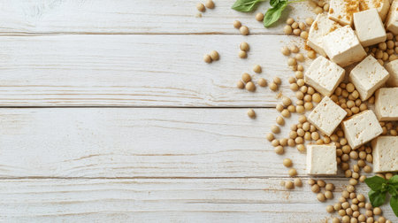 Delicious tofu pieces and soybeans on a white wooden table, with a blank area for text. Banner-ready.の素材