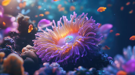 Detailed view of a bubble anemone nestled among the corals, its glowing tentacles catching the light, surrounded by small fish on a tropical reefの素材