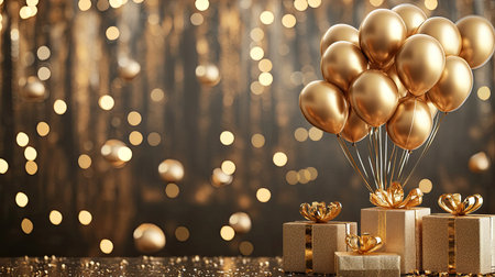 Elegant golden birthday celebration scene with luxurious gold balloons, wrapped gifts, and a shimmering backdrop, perfect for a sophisticated party atmosphere.の素材