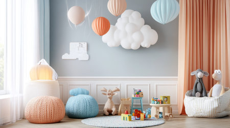Dreamy kids' room with pastel-colored balloons, fluffy paper clouds, and a variety of toys arranged neatly, creating a space full of imagination and joy.の素材