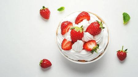 Elegant Pavlova dessert with crisp meringue, whipped mascarpone, and juicy strawberries, beautifully displayed on a minimalist white backgroundの素材