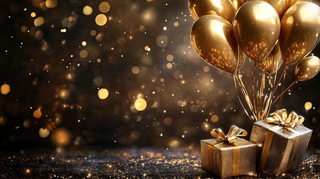 Elegant birthday scene with golden balloons and luxury gifts, set against a rich, sparkling background that exudes sophistication and celebration.の素材