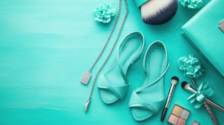 Elegant heeled sandals paired with a matching bag, jewelry, and makeup brushes on a vibrant turquoise backdrop, ideal for fashion content.の素材
