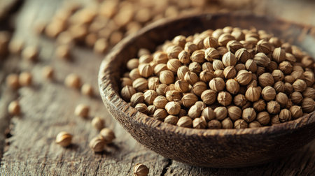 Dried coriander seeds in a small bowl on a textured wooden table, captured in close-up. Perfect for food and spice-related themes.の素材