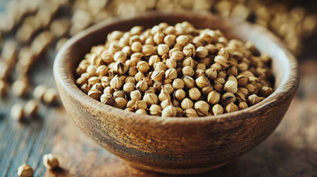 Dried coriander seeds in a small bowl on a wooden table, with a close-up focus. Earthy tones and textures ideal for food photography.の素材