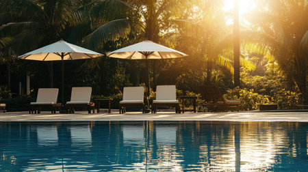 Elegant poolside setup with chairs and umbrellas at a luxury hotel resort, embodying a holiday vacation escape.の素材