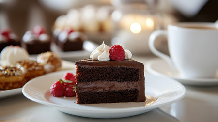 Elegant breakfast scene with a chocolate cake slice on a white plate, surrounded by assorted pastries, a hot cup of coffee, and a soft-focus backgroundの素材