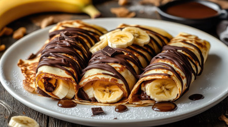 Elegant crepes filled with chocolate spread and bananas, rolled and presented on a white plate, with a drizzle of syrupの素材