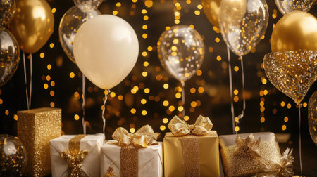 Elegant golden birthday party setup with floating balloons, luxury wrapped gifts, and a sparkling background that captures the essence of sophistication.の素材