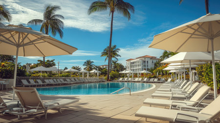 Elegant umbrellas and chairs around a stunning hotel pool, epitomizing a luxurious holiday vacation.の素材