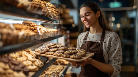 Female bakery worker holding a tray of assorted cookies, placing them in the display with a warm smile, as the shopaes shelves overflow with delicious baked goodsの素材