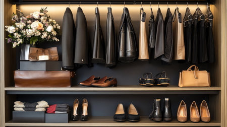 Fashion-forward women's shoes, clothes, and bags arranged on a sleek shelving unit, highlighting a trendy boutique setting.の素材