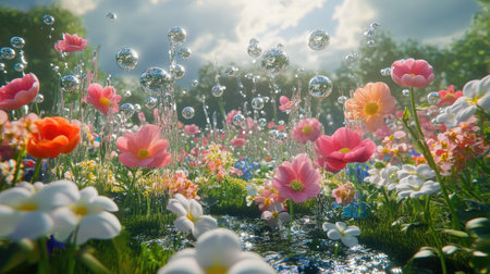 Fantasy spring garden with an array of flowers and delicate water bubbles gliding through the air in 3D.の素材