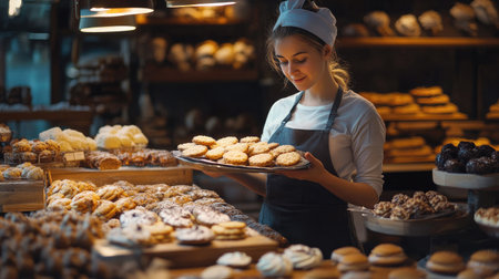 Female confectioner holding a tray of warm cookies, arranging them among a variety of freshly baked sweets in a well-lit, cozy bakery shopの素材