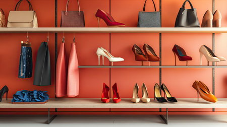 Fashionable women's shoes, dresses, and handbags arranged on a stylish shelving unit, creating a modern, organized fashion display.の素材