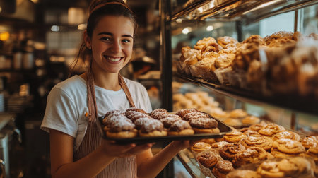 Female bakery worker holding a tray of assorted cookies, placing them in the display with a warm smile, as the shopaes shelves overflow with delicious baked goodsの素材
