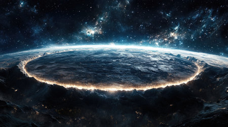 Flat Earth seen from a cosmic perspective, surrounded by the vast emptiness of space, with clear details of the surface. Elements furnished by NASAの素材