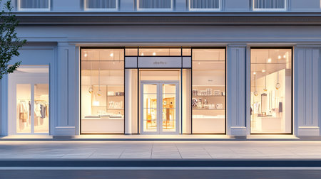 Fashionable store front in a downtown mall, with elegant window displays and a modern architectural design, drawing in shoppers.の素材