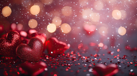 Festive Valentine's Day background with red hearts, confetti, and sparkling lights, perfect for celebrating love.の素材