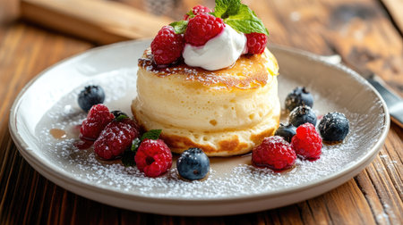 Fluffy souffle pancakes with a dollop of cream and fresh berries, served on a white plate, set on a rustic wooden table, close-up, inviting and deliciousの素材