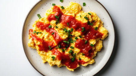 A flat lay shot of fluffy scrambled eggs drizzled with tomato sauce, presented on a plate against a white background, perfect for highlighting a classic, tasty meal,の素材