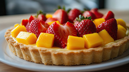 A freshly baked cheese tart topped with juicy strawberries and mango chunks, served on a white plate, showcasing the vibrant colors and fresh, homemade appealの素材