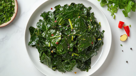 A flat lay shot of freshly cooked collard greens with sliced ginger and pepper, served on a white plate, emphasizing the freshness and organic appeal of this homemade dish,の素材