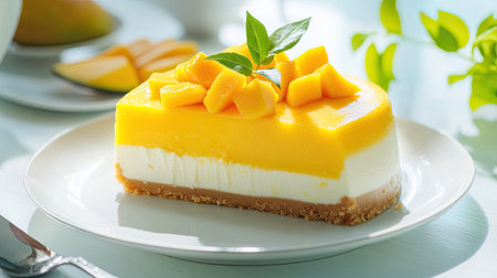 A delicious slice of mango no-bake cheesecake with a glossy glaze and fresh mango topping, set on a bright table with a light, airy background for a refreshing appealの素材
