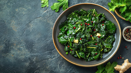 A flat lay of organic collard greens sautaed with ginger and pepper, arranged on a rustic plate, highlighting the fresh, homemade quality of this nutritious dish,の素材