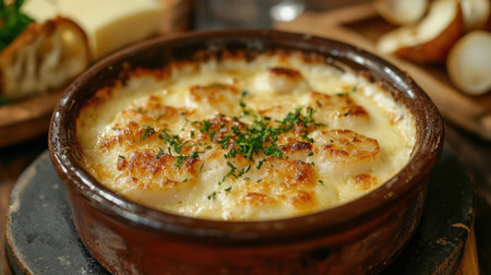 A hot, creamy scallop gratin with a golden-brown cheese crust, served in a rustic ceramic dish, capturing the essence of comfort food with a gourmet twistの素材