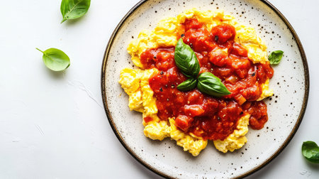 A flat lay of scrambled eggs topped with rich tomato sauce on a plate, isolated on a white background, emphasizing the vibrant colors and appetizing appearance,の素材