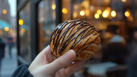 A hand holding a New York Roll, a round croissant filled with creamy chocolate, drizzled with dark chocolate, with a blurred cafe background in New York Cityの素材