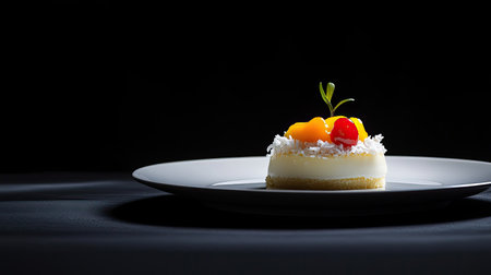 A minimalist presentation of a coconut cake with fruit toppings, on a sleek white plate, set against a contrasting black background with soft shadowsの素材
