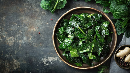 A flat lay of organic collard greens sautaed with ginger and pepper, arranged on a rustic plate, highlighting the fresh, homemade quality of this nutritious dish,の素材