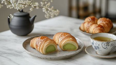 A freshly baked matcha cromboloni with layers of buttery croissant dough and a rich matcha filling, served on a marble counter with a delicate tea set beside itの素材
