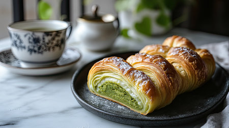 A freshly baked matcha cromboloni with layers of buttery croissant dough and a rich matcha filling, served on a marble counter with a delicate tea set beside itの素材