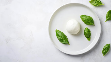 A minimalistic presentation of a mozzarella ball with fresh basil leaves on a white ceramic plate, featuring a clipping path for easy background removalの素材