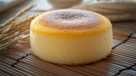 A freshly baked Thai sponge cake with a soft, fluffy interior and golden top, displayed on a bamboo mat, perfect for a traditional Thai dessert presentationの素材