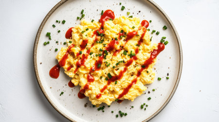 A flat lay shot of fluffy scrambled eggs drizzled with tomato sauce, presented on a plate against a white background, perfect for highlighting a classic, tasty meal,の素材