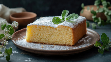 A light and fluffy Thai sponge cake on a ceramic plate, with a sprinkle of powdered sugar and a garnish of fresh mint, perfect for a sweet treatの素材