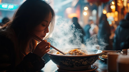 A female tourist enjoying a traditional mala spicy hot pot in a bustling Chongqing restaurant, savoring the flavors of Sichuan cuisine. The steam rises as she eatsの素材