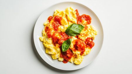 A flat lay of scrambled eggs topped with rich tomato sauce on a plate, isolated on a white background, emphasizing the vibrant colors and appetizing appearance,の素材